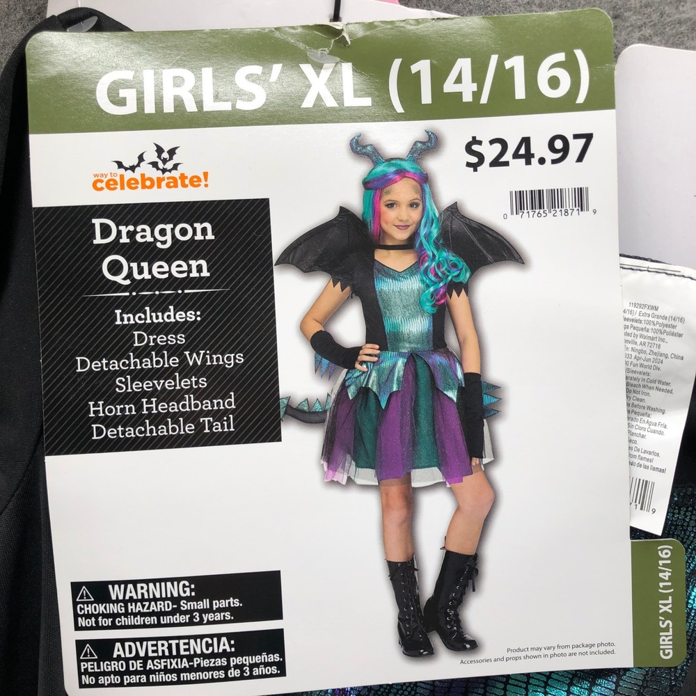 NWT Way To Celebrate Dragon Queen Costume Dress Girls XL 14/16 Purple Halloween